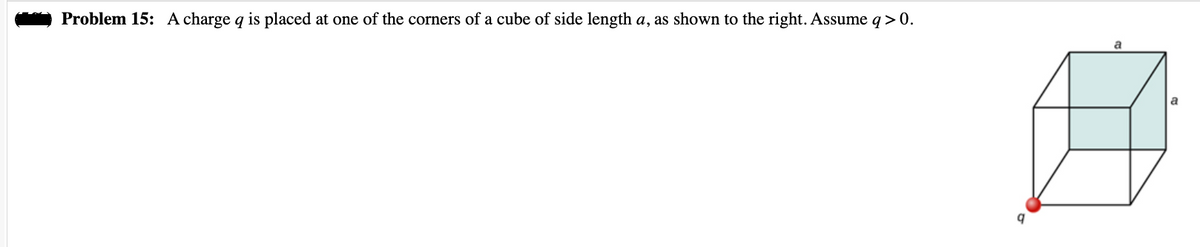 Problem 15: A charge q is placed at one of the corners of a cube of side length a, as shown to the right. Assume q> 0.