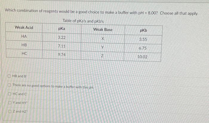 Which combination of reagents would be a good choice to make a buffer with pH = 8.00? Choose all that apply.
Table of pka's and pKb's
Weak Acid
HA
HB
HC
HB and B
Y and HY
pKa
Z and HZ
3.22
7.11
9.74
There are no good options to make a buffer with this pH.
HC and C
Weak Base
X
Y
N
pKb
3.55
6.75
10.02
