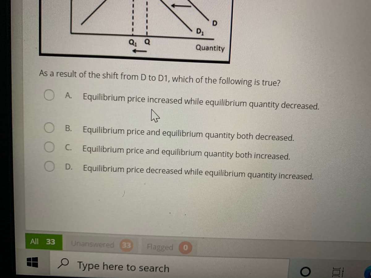 Quantity
As a result of the shift from D to D1, which of the following is true?
O A. Equilibrium price increased while equilibrium quantity decreased.
O B.
Equilibrium price and equilibrium quantity both decreased.
C. Equilibrium price and equilibrium quantity both increased.
O D. Equilibrium price decreased while equilibrium quantity increased.
All 33
Unanswered 33
Flagged
2 Type here to search
