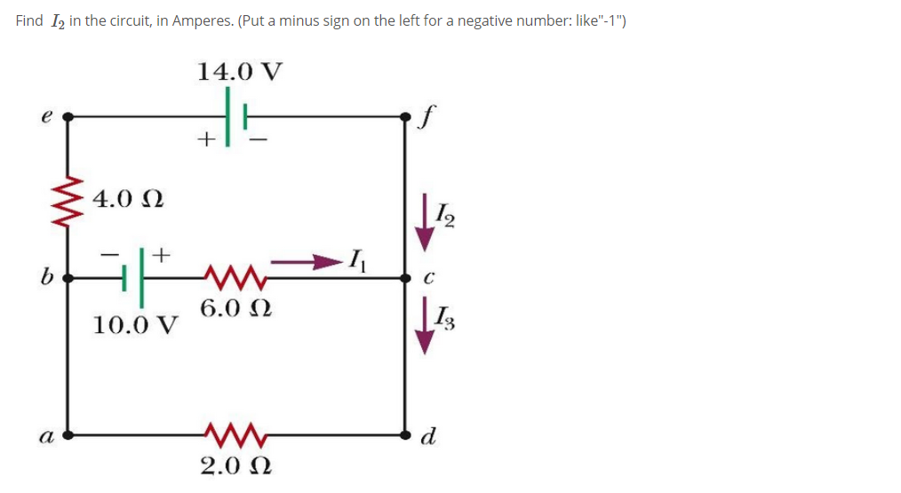 Find I, in the circuit, in Amperes. (Put a minus sign on the left for a negative number: like"-1")
14.0 V
f
e
+
4.0 Q
+
C
6.0 N
10.0 V
a
d
2.0 0
