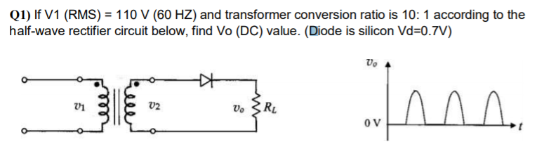 Q1) If V1 (RMS) = 110 V (60 HZ) and transformer conversion ratio is 10: 1 according to the
half-wave rectifier circuit below, find Vo (DC) value. (Diode is silicon Vd=0.7V)
RL
v2
Vo
OV
