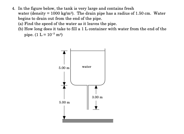 4. In the figure below, the tank is very large and contains fresh
water (density = 1000 kg/m³). The drain pipe has a radius of 1.50 cm. Water
begins to drain out from the end of the pipe.
(a) Find the speed of the water as it leaves the pipe.
(b) How long does it take to fill a 1 L container with water from the end of the
pipe. (1 L = 10- m³)
water
5.00 m
3.00 m
5.00 m
