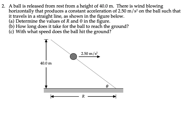 2. A ball is released from rest from a height of 40.0 m. There is wind blowing
horizontally that produces a constant acceleration of 2.50 m/s² on the ball' such that
it travels in a straight line, as shown in the figure below.
(a) Determine the values of R and 0 in the figure.
(b) How long does it take for the ball to reach the ground?
(c) With what speed does the ball hit the ground?
2.50 m/s
40.0 m
