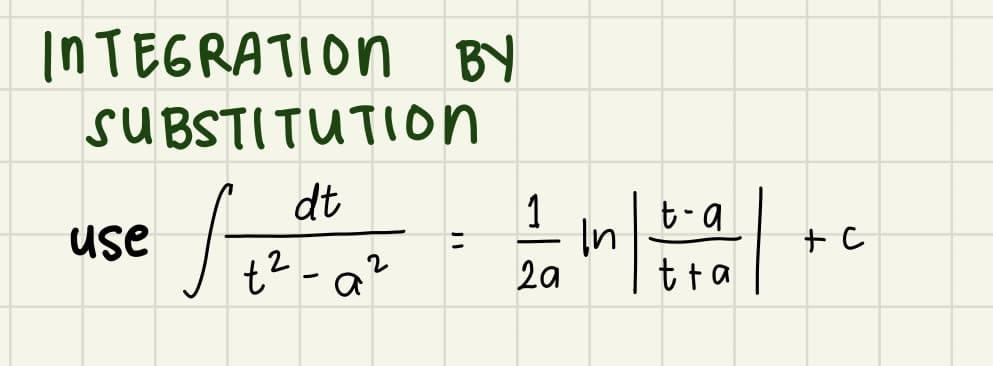 INTEGRATION BY
SUBSTITUTION
dt
1
use
t? - a"
2a
