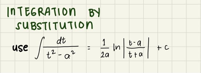 INTEGRATION BY
SUBSTITUTION
dt
1
t- a
In
use
t? -a?
tta
2a
