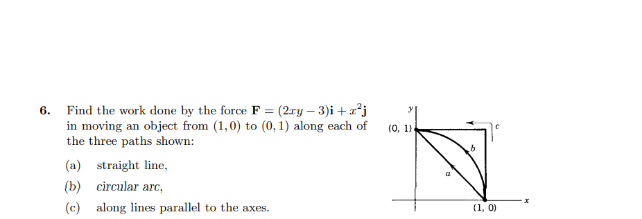 6. Find the work done by the force F = (2xy – 3)i +x²j
in moving an object from (1,0) to (0, 1) along each of
the three paths shown:
y
(0, 1).
(a) straight line,
(b) circular are,
(c) along lines parallel to the axes.
(1, 0)
