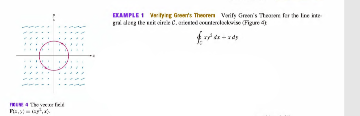 EXAMPLE 1 Verifying Green's Theorem Verify Green's Theorem for the line inte-
gral along the unit circle C, oriented counterclockwise (Figure 4):
O xy? dx + x dy
FIGURE 4 The vector field
F(x, y) = (xy²,x).
