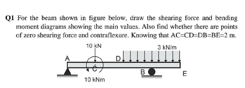 Q1 For the beam shown in figure below, draw the shearing force and bending
moment diagrams showing the main values. Also find whether there are points
of zero shearing force and contraflexure. Knowing that AC=CD=DB=BE=2 m.
10 KN
3 kN/m
A
10 kNm
B
E
