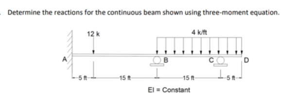 Determine the reactions for the continuous beam shown using three-moment equation.
12 k
4 k/ft
C
5 t
15 ft
15 ft
El = Constant
