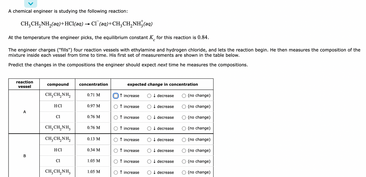 A chemical engineer is studying the following reaction:
CH₂CH₂NH₂(aq) + HCl(aq) → CÃ¯(aq)+CH₂CH₂NH₂(aq)
At the temperature the engineer picks, the equilibrium constant K for this reaction is 0.84.
The engineer charges ("fills") four reaction vessels with ethylamine and hydrogen chloride, and lets the reaction begin. He then measures the composition of the
mixture inside each vessel from time to time. His first set of measurements are shown in the table below.
Predict the changes in the compositions the engineer should expect next time he measures the compositions.
reaction
vessel
compound
concentration
expected change in concentration
CH,CH,NH,
0.71 M
↓ decrease
HC1
0.97 M
↓ decrease
A
Cl
0.76 M
↓ decrease
CH,CH,NH,
0.76 M
↓ decrease
CH,CH,NH,
0.13 M
↓ decrease
HC1
0.34 M
↓ decrease
B
Cl
1.05 M
↓ decrease
CH,CH,NH,
1.05 M
↓decrease
↑ increase
↑ increase
↑ increase
↑ increase
↑ increase
↑ increase
↑ increase
↑ increase
(no change)
(no change)
(no change)
(no change)
(no change)
(no change)
(no change)
(no change)