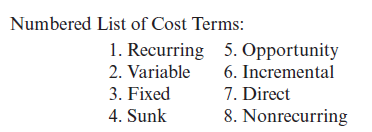 Numbered List of Cost Terms:
1. Recurring 5. Opportunity
2. Variable
6. Incremental
7. Direct
8. Nonrecurring
3. Fixed
4. Sunk
