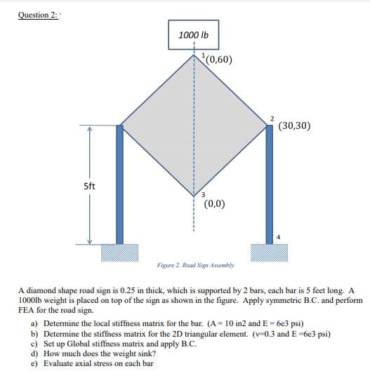 Question 2:
1000 Ib
(0,60)
(30,30)
5ft
3.
(0,0)
Figure 2. Road Sign Assembly
A diamond shape road sign is 0.25 in thick, which is supported by 2 bars, each bar is 5 feet long. A
1000lb weight is placed on top of the sign as shown in the figure. Apply symmetric B.C. and perform
FEA for the road sign.
a) Determine the local stiffness matrix for the bar. (A- 10 in2 and E = 6e3 psi)
b) Determine the stiffiness matrix for the 2D triangular element. (v=0.3 and E =6e3 psi)
c) Set up Global stiffness matrix and apply B.C.
d) How much does the weight sink?
e) Evaluate axial stress on each bar
