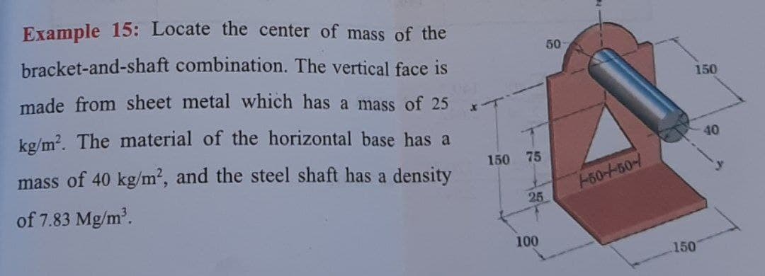 Example 15: Locate the center of mass of the
bracket-and-shaft combination. The vertical face is
50
made from sheet metal which has a mass of 25
150
kg/m?. The material of the horizontal base has a
mass of 40 kg/m², and the steel shaft has a density
40
150
75
of 7.83 Mg/m.
-50-50-/
25
100
150
