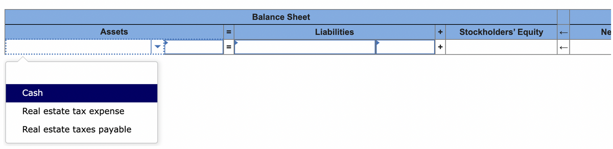 Assets
Cash
Real estate tax expense
Real estate taxes payable
Balance Sheet
Liabilities
+
+
Stockholders' Equity
Ne