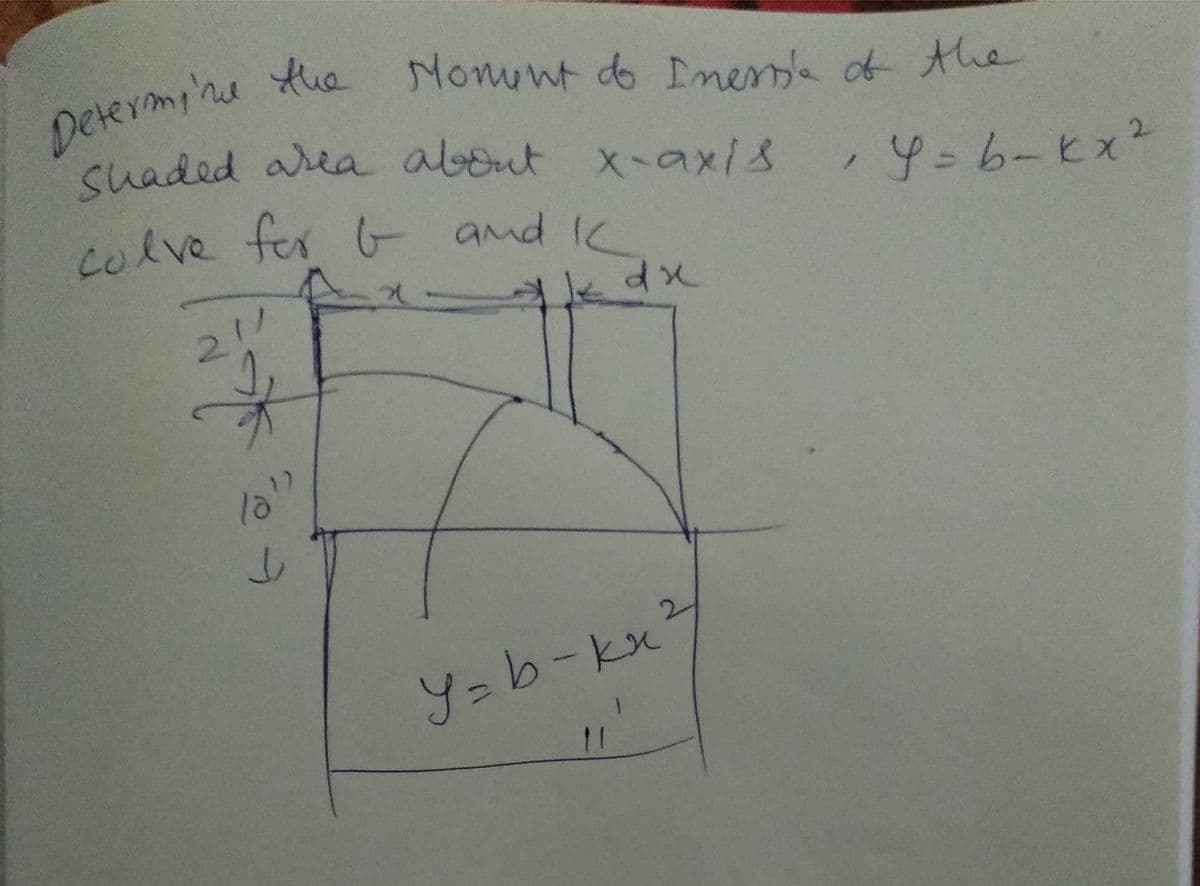 Determi'ne Aue
suaded area about x-ax/s,4=6-kx²
colve for G and Ic
Monunt do Dnerpk ot the
2.
2.
dx
2.
11
