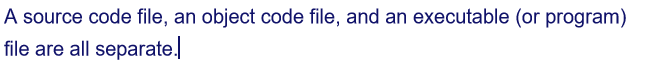 A source code file, an object code file, and an executable (or program)
file are all separate.