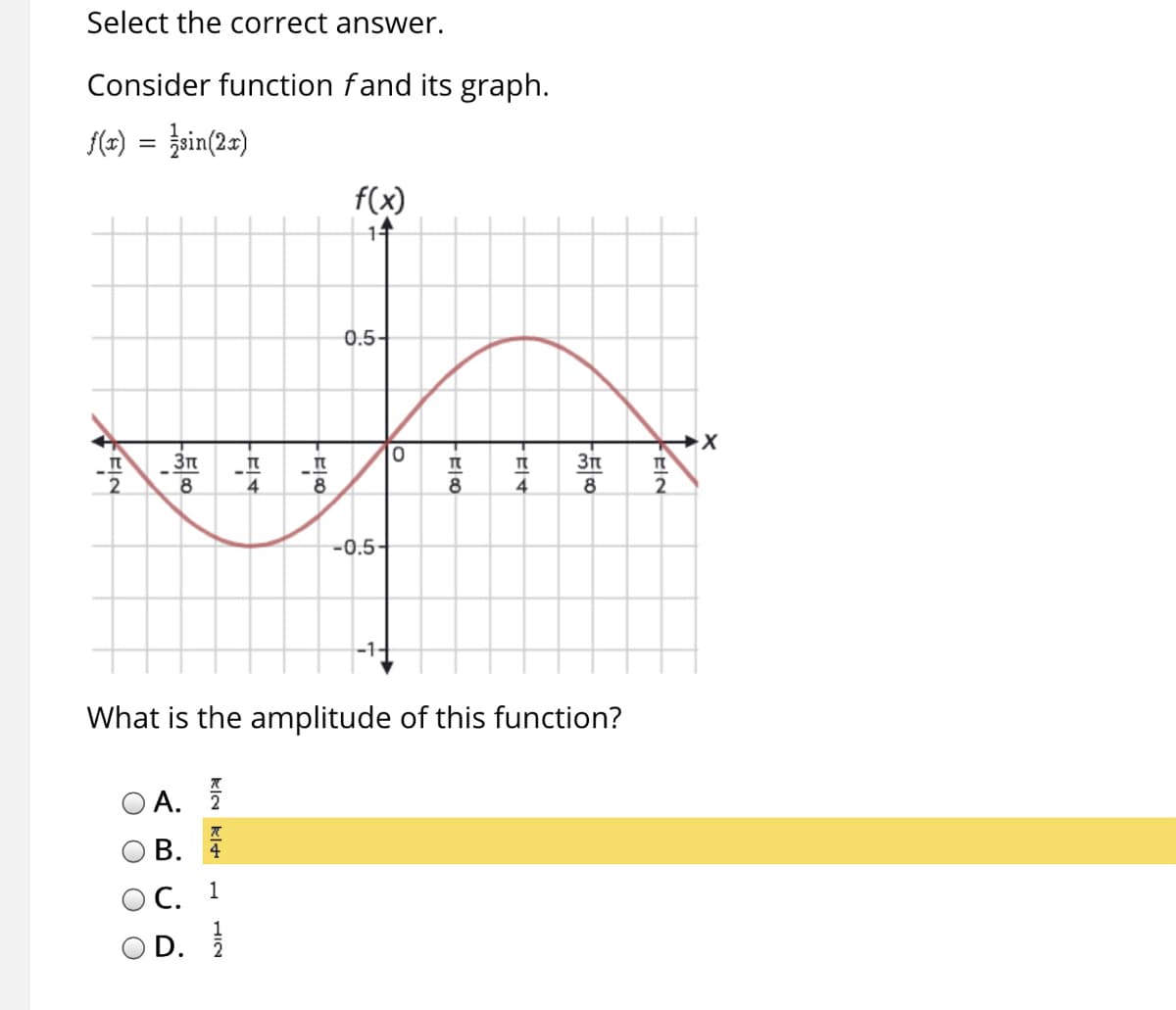 Select the correct answer.
Consider function fand its graph.
f(2) = }sin(2=)
f(x)
15
0.5-
3n
8
4
8
2
-0.5-
What is the amplitude of this function?
A.
В. 4
С. 1
D.
lo
kIN Klt
