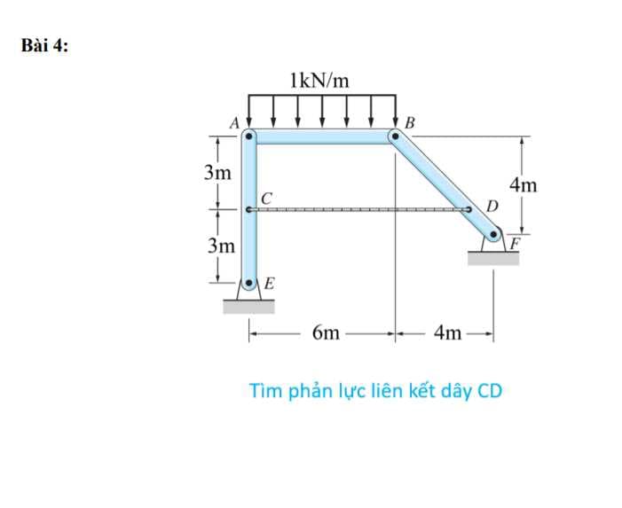 Bài 4:
1kN/m
3m
4m
D
3m
E
6m
4m
Tìm phản lực liên kết dây CD
