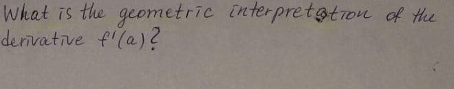 What is the geometric interpretotron of Hhe
derivative f'(a)?
