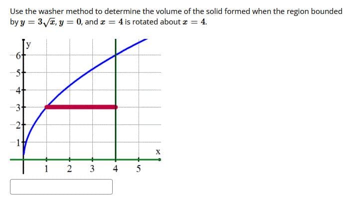 Use the washer method to determine the volume of the solid formed when the region bounded
by y = 3/a, y = 0, and r 4 is rotated about a = 4.
5t
-3+
21
4
3.
4-
