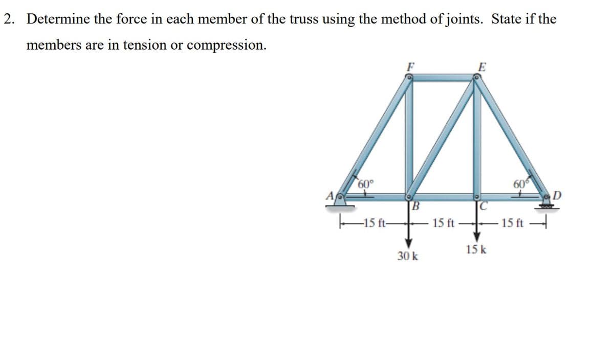 2. Determine the force in each member of the truss using the method of joints. State if the
members are in tension or compression.
60°
И
В
30 к
-15 ft-
E
60
15 ft - 15 ft
15k
D