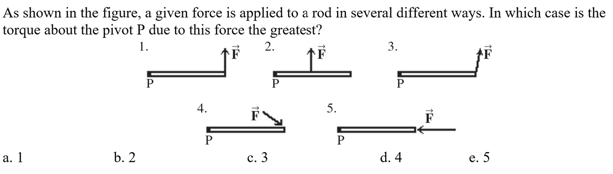As shown in the figure, a given force is applied to a rod in several different ways. In which case is the
torque about the pivot P due to this force the greatest?
1.
2.
3.
P
P
4.
5.
F
F
а. 1
b. 2
с. 3
d. 4
е. 5
