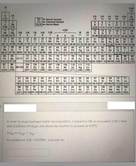 IA
VIIA
18
IIA
H
1.01
IIIA VA
13
14
VIA VIA
VA
15
He
4.00
55
Cs Chemical Symbol
132.91- Atomic Mass
Atomic Number
16
17
4
Li
6.94
Be
9.01
10
Ne
10.81 12.01 14.01 16.00 19.00 20.18
B
F
VIIIB
11
Na
12
Mg
13
Al
26.90 28.09l30.97 32.07 3645 30.95
31
Ga
14
15
16
17
18
Ar
VIB
IB
11
IIB
22.00 24.31
21
Se
IVB
4
VB
VIB
IIB
12
SI
10
27
Co
39.10 40.00 44.90 4787 47.87 62.00 54.94 55.85 58.83 58.69 63.55 65 30 69.72 72.64 7492 78.96 79.90 83.80
19
20
K
Ca
22
TI
23
V
24
Cr
25
Mn
26
Fe
28
Ni
29
Cu
33
As
30
Zn
32
Ge
34
Se
35
Br
36
Kr
37
Rb
85.47 87.62 88.91 01.22 92.91 95.96 (98) 101.07 102.91106 42107 8711241 114.82118.71 121.7 1278128.90131 21
38
Sr
39
40
Zr
42
Mo
43
Te
45
47
48
41
Nb
44
Ru
46
Pd
49
In
52
Te
50
61
Sb
53
54
Rh
Ag
Cd
Sn
Xe
72
74
73
Ta
56
76
85
86
At
55
Cs
132.9113733
87
Fr
76
77
78
79
80
81
TI
82
Pb
83
Bi
84
Be 57-71
Re
Os
Ir
Pt
Au
Hg
Po
Rn
174.97 180.95 183.84 186 21190.23192 22195.08196.9720059204.38/207 20208.98 (200) (210) (222)
104
106
106
Sg
88
108
111 112
107
Bh
109
110
Ds
Ra 89-103 RI
Db
Hs
Mt
Rg
Cn
(223) (226)
(261) (262) (266) (264) (260) (268) (271) (280) (205)
57
62
63
65
58
Ce
59
60
68
69
70 71
64
Gd
138.91132.91140.9113291 (145) 15036 151.97157 25 158.9316250164.93167 26 16893 173.04174.97
61
Pm
66
67
Ho
La
Pr
Nd
Sm
Eu
Tb
Dy
Er
Tm
Yb
Lu
90
91
92
93
Np
94
95
89
Ac
96
Cm
97
Bk
98
99
Es
100
Fm
101
Md
102
No
103
Lr
Th
Pa
Pu
Am
(227) 232 04231.04238.03 (237) (244) (243) (237) (247) (251) (252) (257) (258) (259) (262)
In order to study hydrogen halide decomposition, a researcher fills an evacuated 2.00-L flask
with 0.200mol of HI gas and allows the reaction to proceed at 453 C.
2Hl + Ha + e
At equilibrium, [HI) - 0.078M. Calculate Kc.
