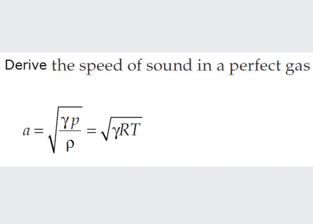 Derive the speed of sound in a perfect gas
YP
a =
VYRT
