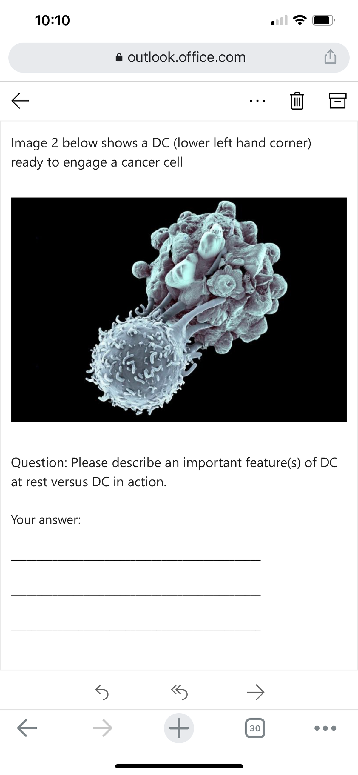 10:10
A outlook.office.com
•..
Image 2 below shows a DC (lower left hand corner)
ready to engage a cancer cell
Question: Please describe an important feature(s) of DC
at rest versus DC in action.
Your answer:
->
+
30
