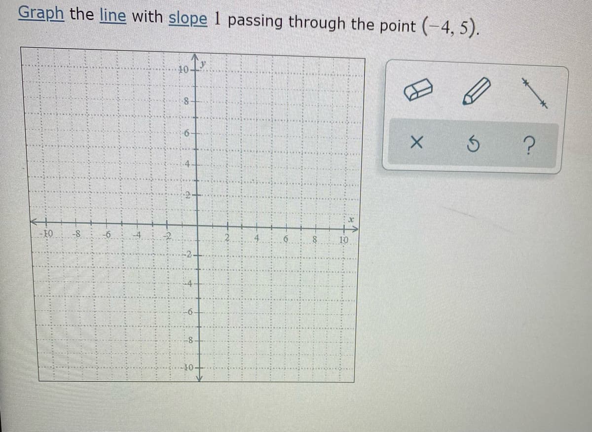 Graph the line with slope 1 passing through the point (-4, 5).
10
-F0
10
