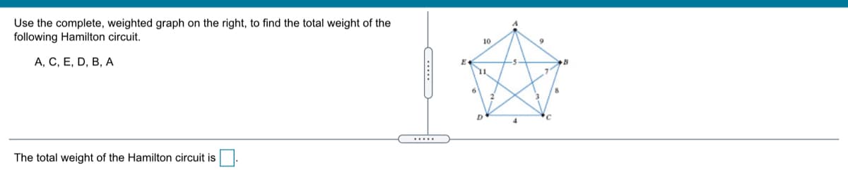 Use the complete, weighted graph on the right, to find the total weight of the
following Hamilton circuit.
10
А, С, Е, D, B, А
.....
The total weight of the Hamilton circuit is
....
