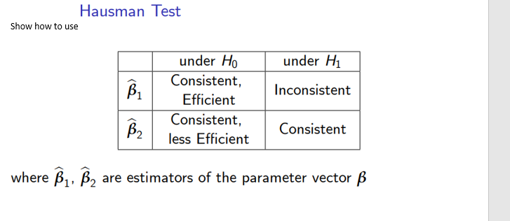 Hausman Test
Show how to use
B₁
B₂
under Ho
Consistent,
Efficient
Consistent,
less Efficient
under H₁
Inconsistent
Consistent
where B₁, B₂ are estimators of the parameter vector