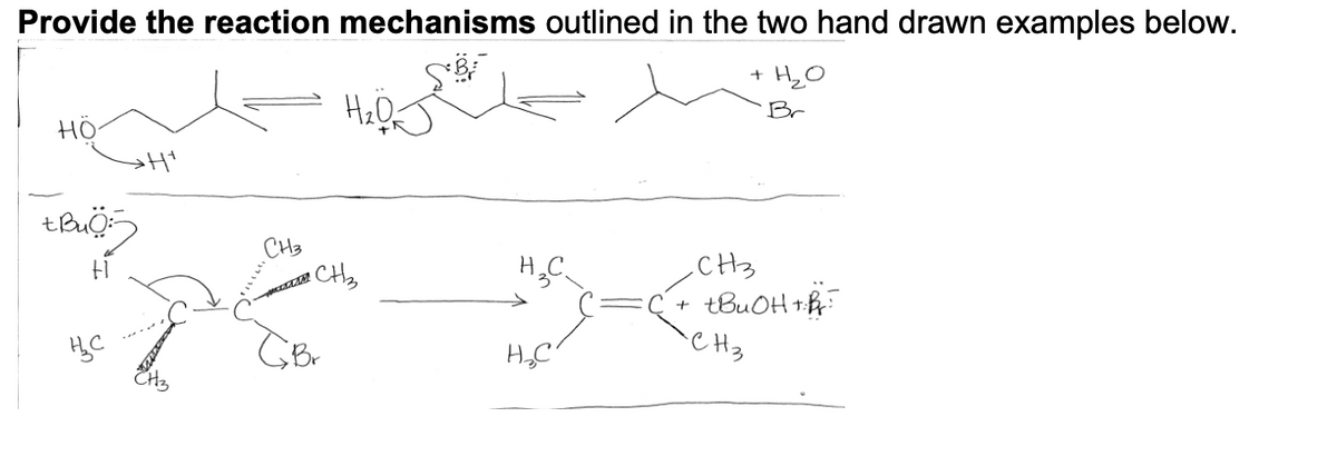 Provide the reaction mechanisms outlined in the two hand drawn examples below.
+ HO
Br
HÖ:
CH3
CHy
H,C.
CHs
+
CH3
