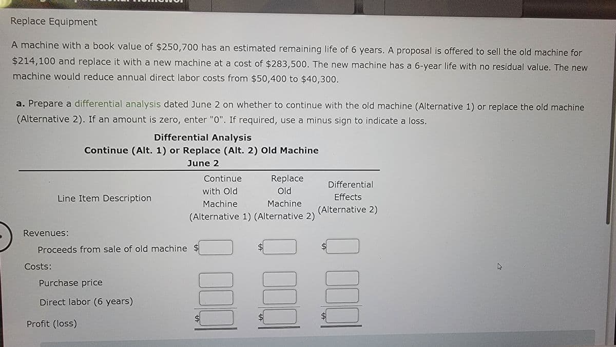 Replace Equipment
A machine with a book value of $250,700 has an estimated remaining life of 6 years. A proposal is offered to sell the old machine for
$214,100 and replace it with a new machine at a cost of $283,500. The new machine has a 6-year life with no residual value. The new
machine would reduce annual direct labor costs from $50,400 to $40,300.
a. Prepare a differential analysis dated June 2 on whether to continue with the old machine (Alternative 1) or replace the old machine
(Alternative 2). If an amount is zero, enter "0". If required, use a minus sign to indicate a loss.
Differential Analysis
Continue (Alt. 1) or Replace (Alt. 2) Old Machine
June 2
Continue
with Old
Line Item Description
Machine
Replace
Old
Machine
Differential
Effects
(Alternative 2)
(Alternative 1) (Alternative 2)
Proceeds from sale of old machine $
Revenues:
Costs:
Purchase price
Direct labor (6 years)
Profit (loss)
A
St
St
A
B