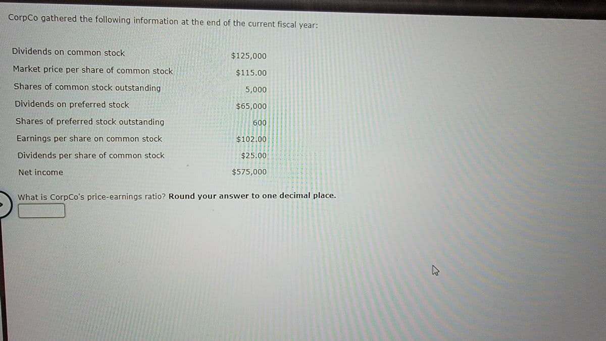 CorpCo gathered the following information at the end of the current fiscal year:
Dividends on common stock
Market price per share of common stock
Shares of common stock outstanding
Dividends on preferred stock
Shares of preferred stock outstanding
Earnings per share on common stock
Dividends per share of common stock
Net income
$125,000
$115.00
5,000
$65,000
600
$102.00
$25.00
$575,000
What is CorpCo's price-earnings ratio? Round your answer to one decimal place.