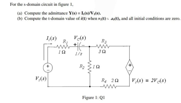 For the s-domain circuit in figure 1,
(a) Compute the admittance Y(s) = I₁(s)/V₁(s).
(b) Compute the t-domain value of i(t) when vi(t)= ao(t), and all initial conditions are zero.
1,(s)
+
Vc(s)
R₁
www +1(-
12
1/s
V₁(s)
R2
R3
392
192
R4 20
wwww
Figure 1: Q1
+
V₂(s) = 2Vc(s)