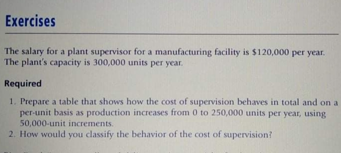 Exercises
The salary for a plant supervisor for a manufacturing facility is $120,000 per year.
The plant's capacity is 300,000 units per year.
Required
1. Prepare a table that shows how the cost of supervision behaves in total and on a
per-unit basis as production increases from 0 to 250,000 units per year, using
50,000-unit increments.
2. How would you classify the behavior of the cost of supervision?
