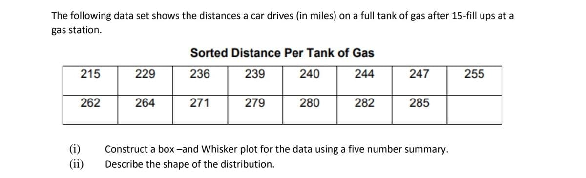 The following data set shows the distances a car drives (in miles) on a full tank of gas after 15-fill ups at a
gas station.
Sorted Distance Per Tank of Gas
215
229
236
239
240
244
247
255
262
264
271
279
280
282
285
(i)
(ii)
Construct a box -and Whisker plot for the data using a five number summary.
Describe the shape of the distribution.
