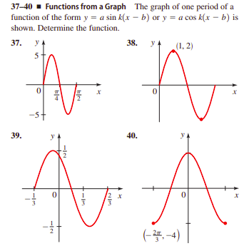 37-40 - Functions from a Graph The graph of one period of a
function of the form y = a sin k(x - b) or y = a cos k(x – b) is
shown. Determine the function.
37.
y
38.
y 4
(1, 2)
5-
-5+
39.
40.
(-.-4)
-Im
