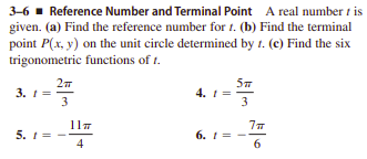 3-6 - Reference Number and Terminal Point A real number t is
given. (a) Find the reference number for 1. (b) Find the terminal
point P(x, y) on the unit circle determined by 1. (c) Find the six
trigonometric functions of t.
3. 1 =
3
4. 1=
3
5. 1=
4
6. 1 =
6.

