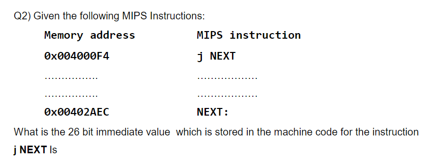 Q2) Given the following MIPS Instructions:
Memory address
MIPS instruction
0x004000F4
j NEXT
0x00402AEC
NEXT:
What is the 26 bit immediate value which is stored in the machine code for the instruction
j NEXT Is