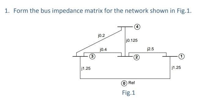 1. Form the bus impedance matrix for the network shown in Fig.1.
j1.25
3
j0.2
j0.4
j0.125
(0) Ref
Fig.1
j2.5
1
j1.25