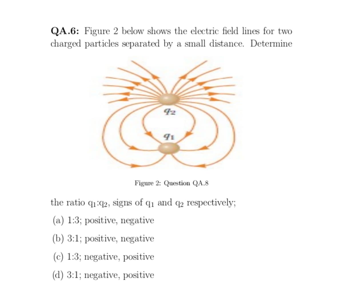 QA.6: Figure 2 below shows the electric field lines for two
charged particles separated by a small distance. Determine
92
91
Figure 2: Question QA.8
the ratio q₁:q2, signs of q₁ and q2 respectively;
(a) 1:3; positive, negative
(b) 3:1; positive, negative
(c) 1:3; negative, positive
(d) 3:1; negative, positive