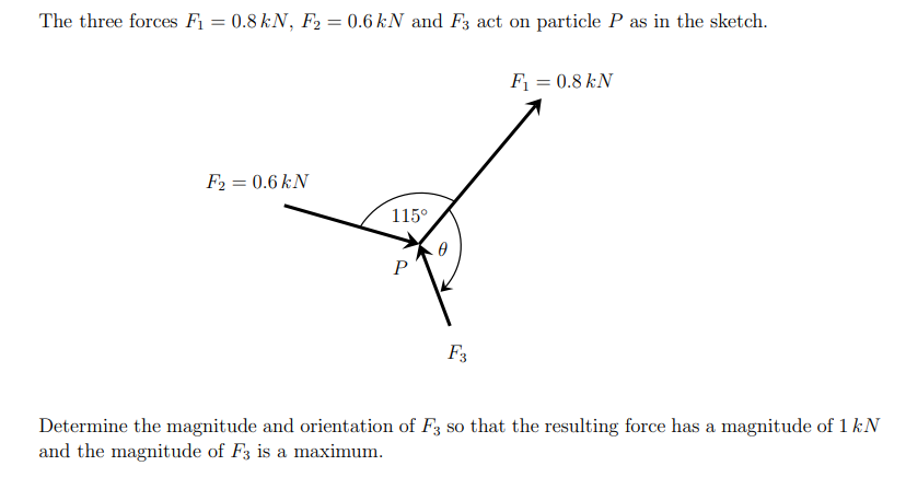 The three forces F1 = 0.8 kN, F2 = 0.6 kN and F3 act on particle P as in the sketch.
F = 0.8 kN
F2 = 0.6 kN
%3D
115°
P
F3
Determine the magnitude and orientation of F3 so that the resulting force has a magnitude of 1 kN
and the magnitude of F3 is a maximum.
