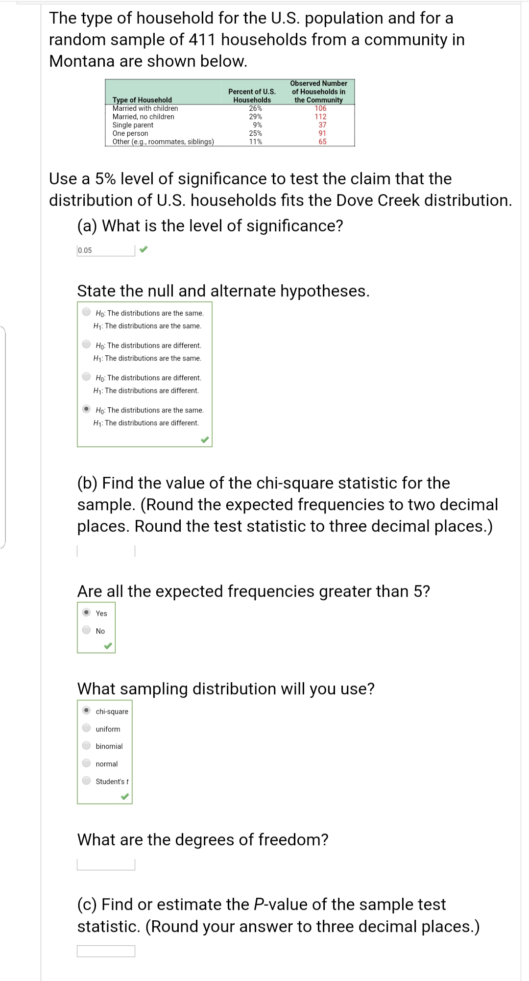 The type of household for the U.S. population and for a
random sample of 411 households from a community in
Montana are shown below.
Type of Household
Married with children
Married, no children
Single parent
One person
Other (e.g., roommates, siblings)
Percent of U.S.
Households
26%
29%
9%
25%
11%
Observed Number
of Households in
the Community
106
112
37
91
65
Use a 5% level of significance to test the claim that the
distribution of U.S. households fits the Dove Creek distribution.
