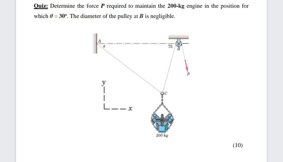Quiz: Determine the force P required to maintain the 200-kg engine in the position for
which 0 = 30°. The diameter of the pulley at B is negligible.
75
-- x
200 kg
(10)
