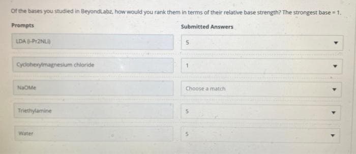 of the bases you studied in BeyondLabz, how would you rank them in terms of their relative base strength? The strongest base = 1.
Prompts
Submitted Answers
LDA (-Pr2NL)
Cyclohexylmagnesium chloride
NaOMe
Triethylamine
Water
5
1
Choose a match
5
5