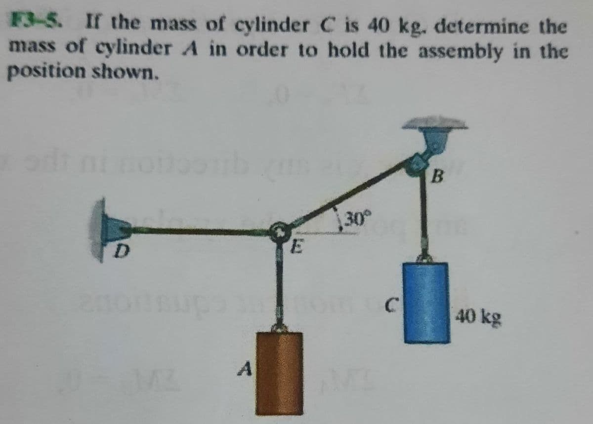 F3-5. If the mass of cylinder C is 40 kg. determine the
mass of cylinder A in order to hold the assembly in the
position shown.
30°
D.
C
40 kg
A
B.
