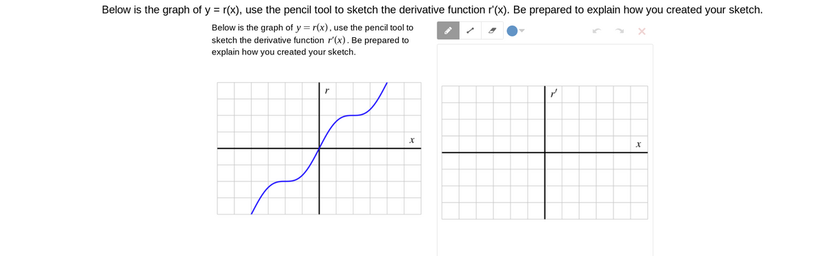 Below is the graph of y = r(x), use the pencil tool to sketch the derivative function r'(x). Be prepared to explain how you created your sketch.
Below is the graph of y = r(x), use the pencil tool to
sketch the derivative function r'(x). Be prepared to
explain how you created your sketch.
r

