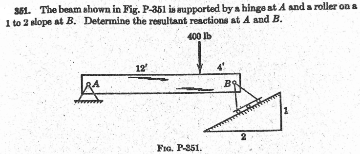351. The beam shown in Fig. P-351 is supported by a hinge at A and a roller on a
1 to 2 slope at B. Determine the resultant reactions at A and B.
400 lb
12'
RA
B
FIG. P-351.
